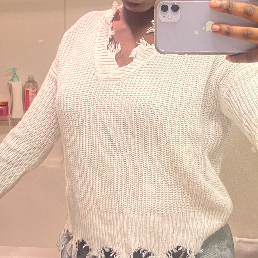 White raw hem sweater